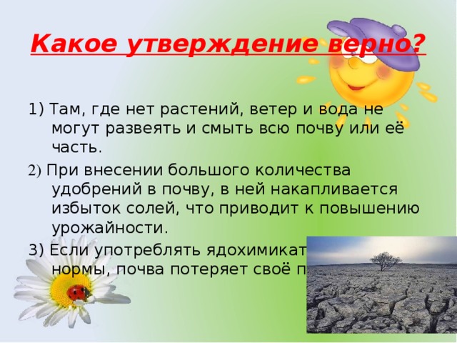 Какое утверждение верно? 1) Там, где нет растений, ветер и вода не могут развеять и смыть всю почву или её часть. 2) При внесении большого количества удобрений в почву, в ней накапливается избыток солей, что приводит к повышению урожайности. 3) Если употреблять ядохимикатов больше нормы, почва потеряет своё плодородие.