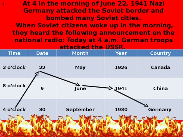 1 At 4 in the morning of June 22, 1941 Nazi Germany attacked the Soviet border and bombed many Soviet cities.  When Soviet citizens woke up in the morning,  they heard the following announcement on the national radio: Today at 4 a.m. German troops attacked the USSR. Time Date 2 o’clock 8 o’clock  22 Month 9 Year May  4 o’clock  Country 1926 June 30 1941 September Canada 1930 China Germany