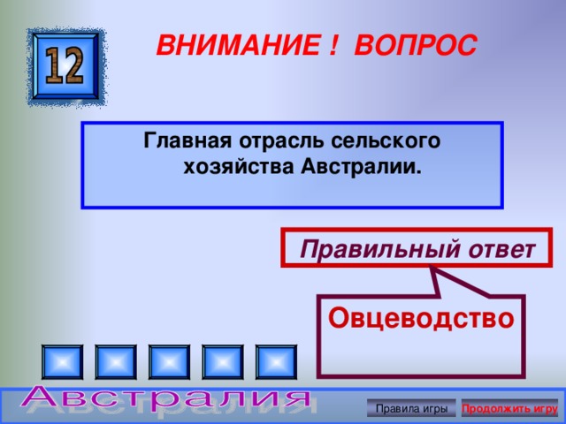 Овцеводство ВНИМАНИЕ ! ВОПРОС Главная отрасль сельского хозяйства Австралии.    Правильный ответ Правила игры Продолжить игру