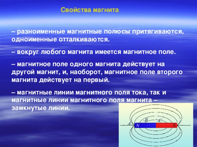 Свойства магнита – разноименные магнитные полюсы притягиваются, одноименные отталкиваются.  – вокруг любого магнита имеется магнитное поле.  – магнитное поле одного магнита действует на другой магнит, и, наоборот, магнитное поле второго магнита действует на первый.  – магнитные линии магнитного поля тока, так и магнитные линии магнитного поля магнита – замкнутые линии.