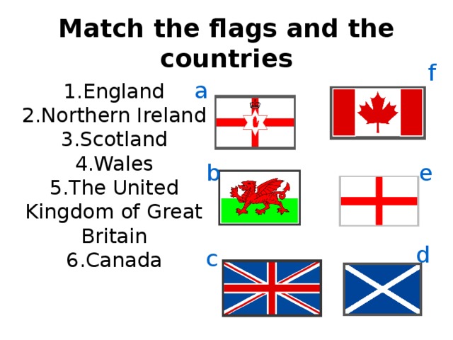 Match the flags and the countries f a 1.England 2.Northern Ireland 3.Scotland 4.Wales 5.The United Kingdom of Great Britain 6.Canada b e d c