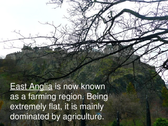 East Anglia is now known as a farming region. Being extremely flat, it is mainly dominated by agriculture.