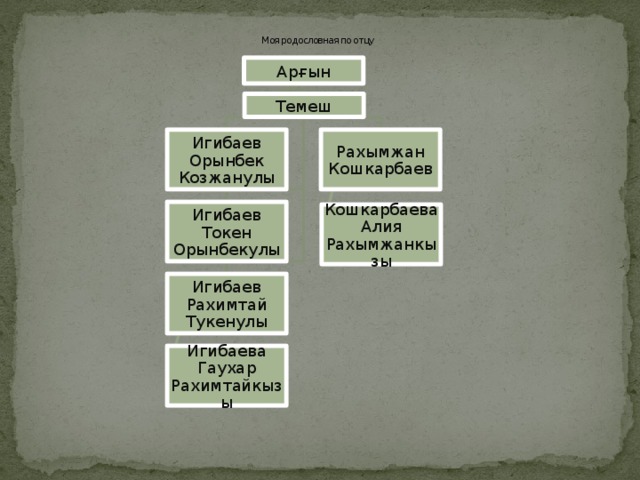 Моя родословная по отцу Арғын Темеш Игибаев Орынбек Козжанулы Рахымжан Кошкарбаев Игибаев Токен Орынбекулы Кошкарбаева Алия Рахымжанкызы Игибаев Рахимтай Тукенулы Игибаева Гаухар Рахимтайкызы