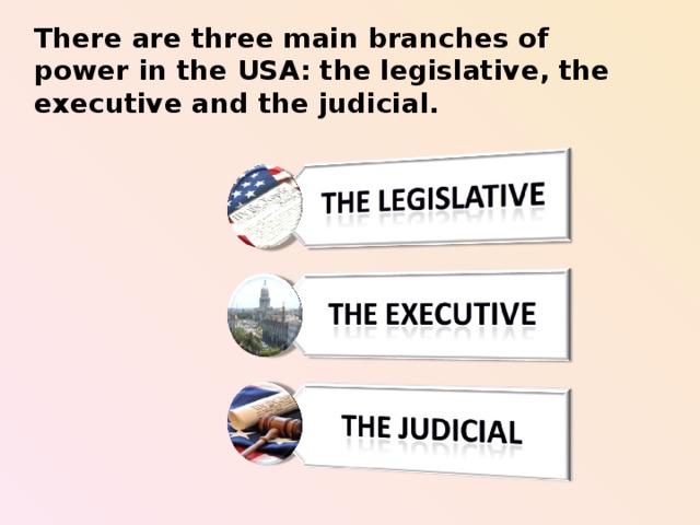 There are three main branches of power in the USA: the legislative, the executive and the judicial.