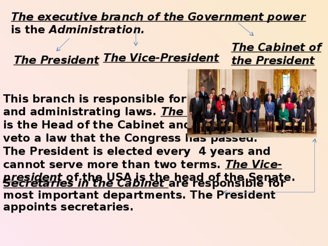 The executive branch of the Government power is the Administration. The Cabinet of the President The Vice-President The President This branch is responsible for initiating and administrating laws. The President is the Head of the Cabinet and he can veto a law that the Congress has passed. The President is elected every  4 years and cannot serve more than two terms.  The Vice-president of the USA is the head of the Senate.  Secretaries in the Cabinet are responsible for most important departments. The President appoints secretaries.