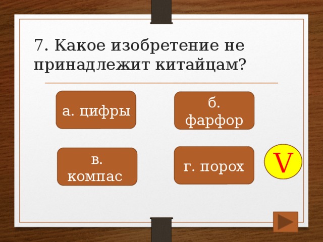 7. Какое изобретение не принадлежит китайцам? а. цифры б. фарфор V г. порох в. компас