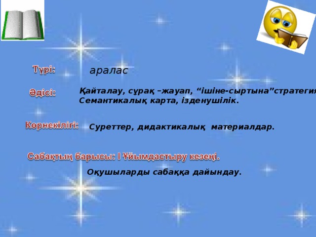 аралас Қайталау, сұрақ –жауап, “ішіне-сыртына”стратегиясы, Семантикалық карта, ізденушілік. Суреттер, дидактикалық материалдар. Оқушыларды сабаққа дайындау.