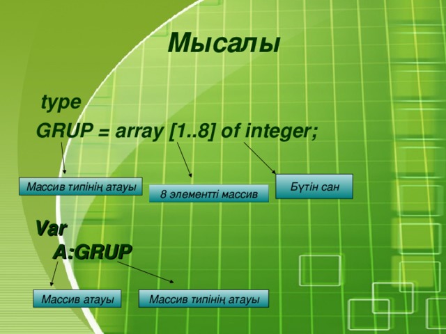 Мысалы  type GRUP = array [1..8] of integer; Бүтін сан Массив типінің атауы 8 элементті массив  Var  A:GRUP Массив атауы Массив типінің атауы