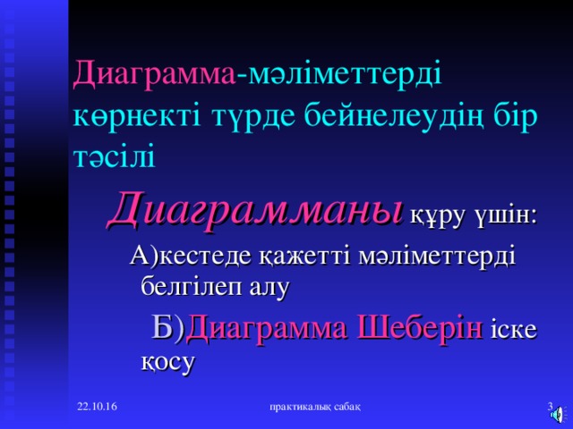 Диаграмма -мәліметтерді көрнекті түрде бейнелеудің бір тәсілі Диаграмманы  құру үшін:  А)кестеде қажетті мәліметтерді белгілеп алу  Б) Диаграмма Шеберін іске қосу Диаграмманы  құру үшін:  А)кестеде қажетті мәліметтерді белгілеп алу  Б) Диаграмма Шеберін іске қосу 22.10.16 практикалық сабақ