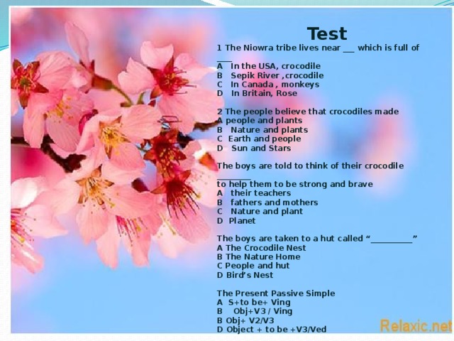 Test 1 The Niowra tribe lives near ___ which is full of ____ A In the USA, crocodile B Sepik River ,crocodile C In Canada , monkeys D In Britain, Rose   2 The people believe that crocodiles made A people and plants B Nature and plants C Earth and people D Sun and Stars   The boys are told to think of their crocodile _________ to help them to be strong and brave A their teachers B fathers and mothers C Nature and plant D Planet   The boys are taken to a hut called “___________” A The Crocodile Nest B The Nature Home C People and hut D Bird’s Nest   The Present Passive Simple A S+to be+ Ving B Obj+V3 / Ving В Obj+ V2/V3 D Object + to be +V3/Ved