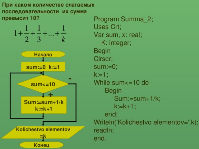 При каком количестве слагаемых последовательности их сумма превысит 10? Program Summa_2; Uses Crt; Var sum, x: real;  K: integer; Begin Clrscr; sum:=0; k:=1; While sum Begin  Sum:=sum+1/k;  k:=k+1;  end; Writeln('Kolichestvo elementov=',k); readln; end. Начало sum:=0 k:=1 - sum 10 + Sum:=sum+1/k k:=k+1 Kolichestvo elementov =k Конец