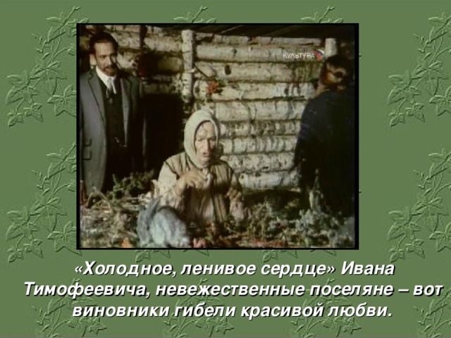 «Холодное, ленивое сердце» Ивана Тимофеевича, невежественные поселяне – вот виновники гибели красивой любви.