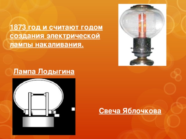 1873 год и считают годом создания электрической лампы накаливания.   Свеча Яблочкова Лампа Лодыгина