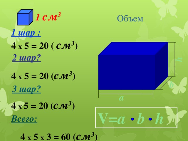 h 1  см 3 Объем 1 шар : 4 x 5 = 20 ( см 3 )   2 шар? 4 x 5 = 20 ( см 3 ) b 3 шар? a 4 x 5 = 20 ( см 3 ) V= a  b    h Всего:   4 x 5 x 3 = 60 ( см 3 )