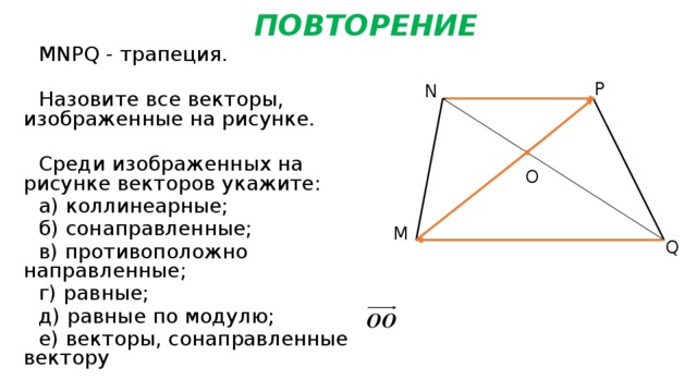 ПОВТОРЕНИЕ MNPQ - трапеция. Назовите все векторы, изображенные на рисунке. Среди изображенных на рисунке векторов укажите: а) коллинеарные; б) сонаправленные; в) противоположно направленные; г) равные; д) равные по модулю; е) векторы, сонаправленные вектору P N О  M Q