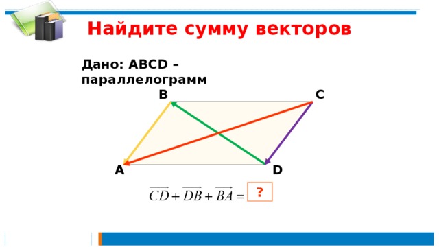 Найдите сумму векторов Дано: АВСD – параллелограмм  В С  А D ?