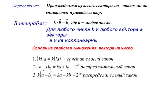 Определение: В тетрадях: Для любого числа k и любого вектора а векторы  а и ka коллинеарны.  Основные свойства  умножения вектора на число