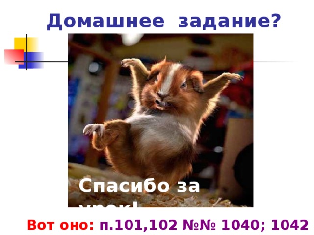 Домашнее задание? Спасибо за урок! Вот оно: п.101,102 №№ 1040; 1042