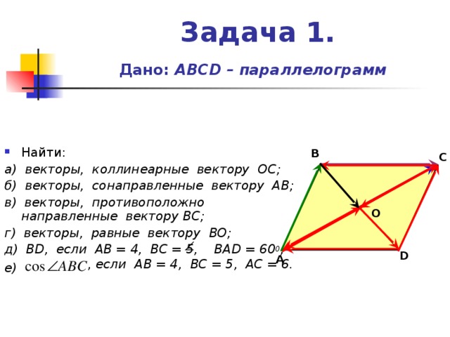 Задача 1.   Дано: АВС D – параллелограмм Найти: а) векторы, коллинеарные вектору ОС; б) векторы, сонаправленные вектору АВ; в) векторы, противоположно направленные вектору ВС; г) векторы, равные вектору ВО; д) В D , если АВ = 4, ВС = 5, ВА D = 60 0 ;  В С О D А , если АВ = 4, ВС = 5, АС = 6. е)