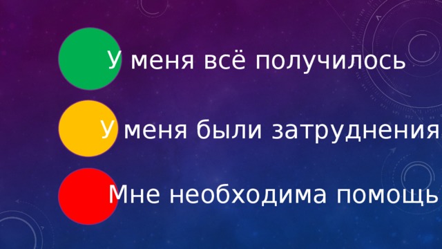 У меня всё получилось У меня были затруднения Мне необходима помощь