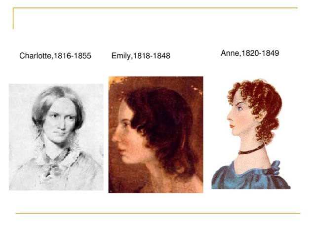 Anne,1820-1849 Charlotte,1816-1855 Emily,1818-1848