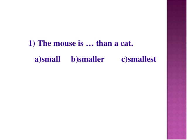 1) The mouse is … than a cat.  a)small b)smaller c)smallest