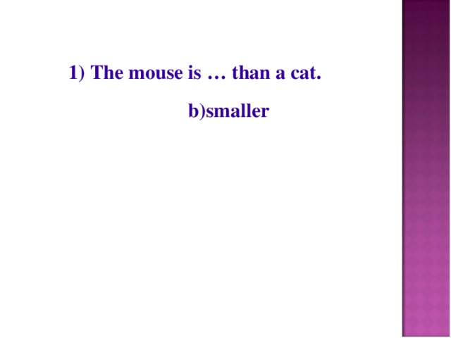 1) The mouse is … than a cat. b)smaller