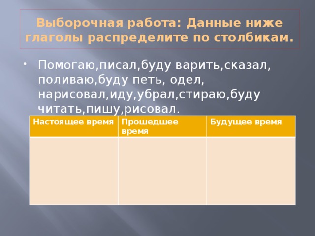 Выборочная работа: Данные ниже глаголы распределите по столбикам. Помогаю,писал,буду варить,сказал, поливаю,буду петь, одел, нарисовал,иду,убрал,стираю,буду читать,пишу,рисовал. Настоящее время Прошедшее время Будущее время