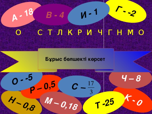 А - 18 Н – 0,8 Р – 0,5 М – 0,18 Г - -2 К - 0 С – Т -25 О - -5 И - 1 В - 4 О С О М Н Ч И Р К Л Т Г  Бұрыс бөлшекті көрсет Ч – 8