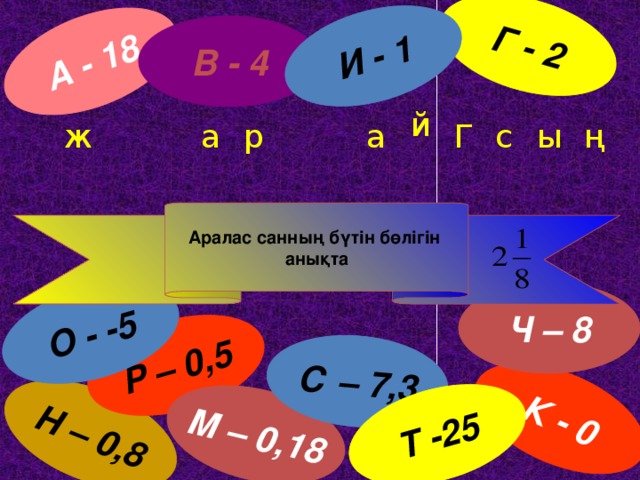 А - 18 Н – 0,8 Р – 0,5 М – 0,18 Г - 2 К - 0 С – 7,3 Т -25 О - -5 И - 1 В - 4 й а ж ң ы с а р Г Аралас санның бүтін бөлігін анықта Ч – 8