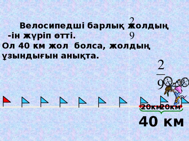 Велосипедші барлық жолдың -ін жүріп өтті. Ол 40 км жол болса, жолдың ұзындығын анықта. Математика 5 класс. Н.Я.Виленкин. № 883. 20км 20км 40 км 6