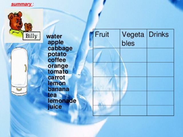 summary :  Fruit Vegetables Drinks water  apple  cabbage  potato  coffee  orange  tomato  carrot  lemon  banana  tea  lemonade  juice