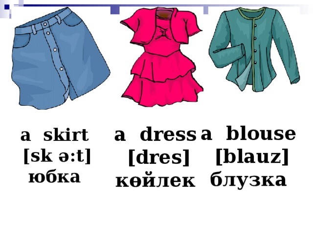 a blouse  [blauz] блузка a dress  [dres] көйлек a skirt  [sk ә :t] юбка