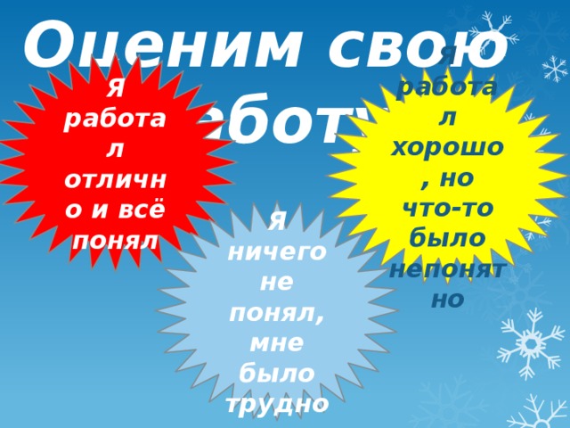 Оценим свою работу Я работал отлично и всё понял Я работал хорошо, но что-то было непонятно Я ничего не понял, мне было трудно