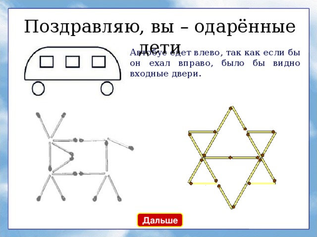 Поздравляю, вы – одарённые дети Автобус едет влево, так как если бы он ехал вправо, было бы видно входные двери.  Дальше