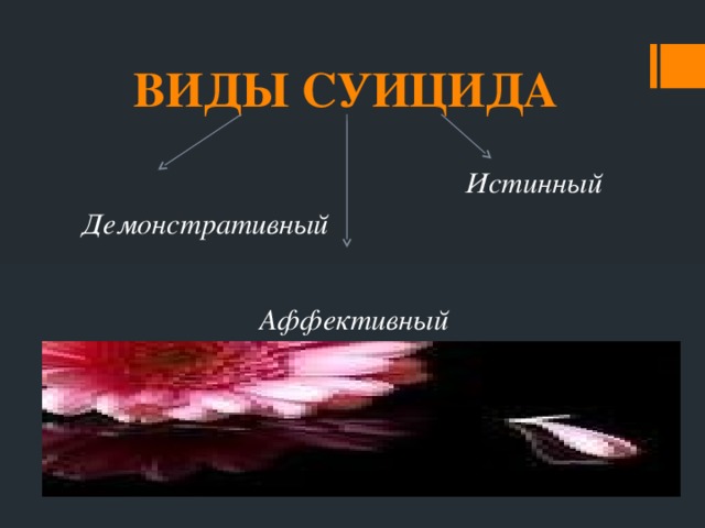 ВИДЫ СУИЦИДА  Истинный Демонстративный  Аффективный