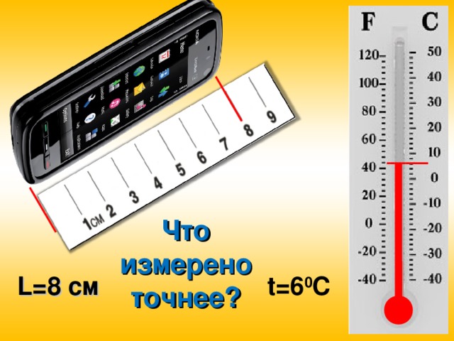 Что измерено точнее? L= 8 см t=6 0 C