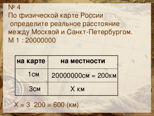 № 4 По физической карте России  определите реальное расстояние между Москвой и Санкт-Петербургом. М 1 : 20000000 на карте на местности  1см  20000000см = 200км 3см Х км Х = 3 200 = 600 (км)