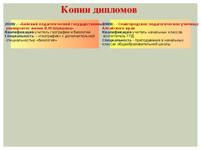 Копии дипломов 1988г. - Славгородское педагогическое училище 2008г. - «Бийский педагогический государственный Алтайского края  университет имени В.М.Шукшина» Квалификация -учитель начальных классов, Квалификация -учитель географии и биологии  воспитатель ГПД Специальность – «география» с дополнительной Специальность - преподавание в начальных классах общеобразовательной школы  специальностью «биология»