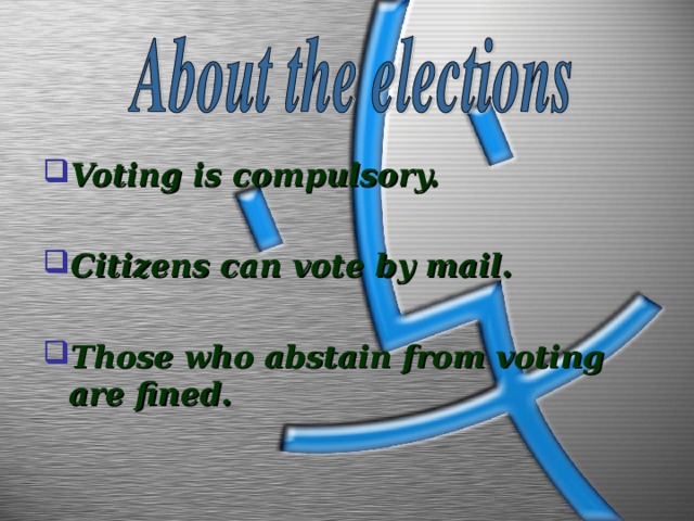 Voting is compulsory.  Citizens can vote by mail.  Those who abstain from voting are fined.
