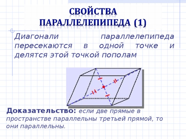 Диагонали параллелепипеда пересекаются в одной точке и делятся этой точкой пополам Доказательство: если две прямые в пространстве параллельны третьей прямой, то они параллельны.