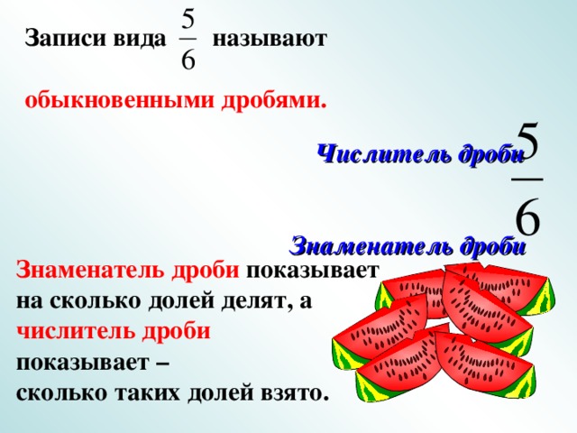 Записи вида называют  обыкновенными дробями.  Числитель дроби  Знаменатель дроби Знаменатель дроби показывает на сколько долей делят, а числитель дроби показывает – сколько таких долей взято.