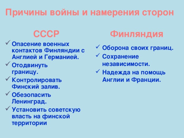 Причины войны и намерения сторон Финляндия СССР