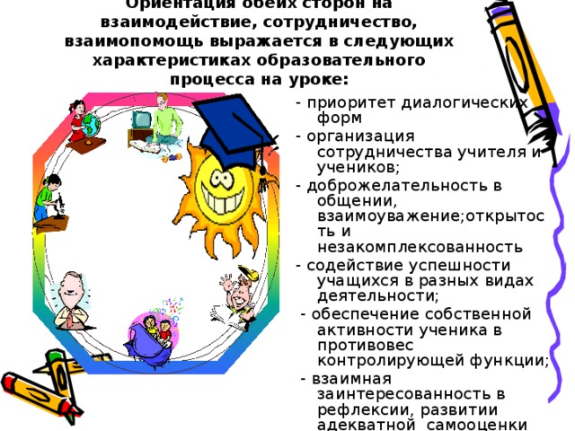 Ориентация обеих сторон на взаимодействие, сотрудничество, взаимопомощь выражается в следующих характеристиках образовательного процесса на уроке:   - приоритет диалогических форм - организация сотрудничества учителя и учеников; - доброжелательность в общении, взаимоуважение;открытость и незакомплексованность - содействие успешности учащихся в разных видах деятельности;  - обеспечение собственной активности ученика в противовес контролирующей функции;  - взаимная заинтересованность в рефлексии, развитии адекватной самооценки действий, усилий, результатов.