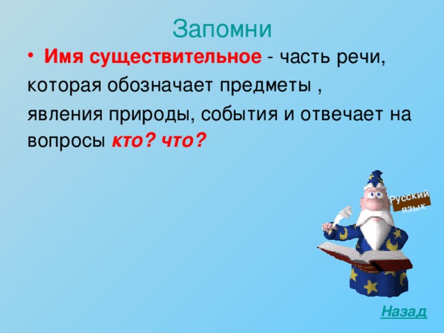 Русский  язык Запомни Имя существительное - часть речи, которая обозначает предметы , явления природы, события и отвечает на вопросы кто? что?     Назад