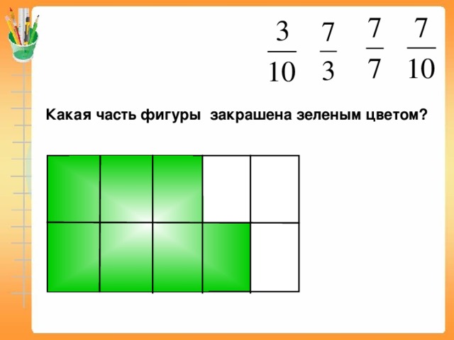 Какая часть фигуры закрашена зеленым цветом? Пригласите к компьютеру ученика