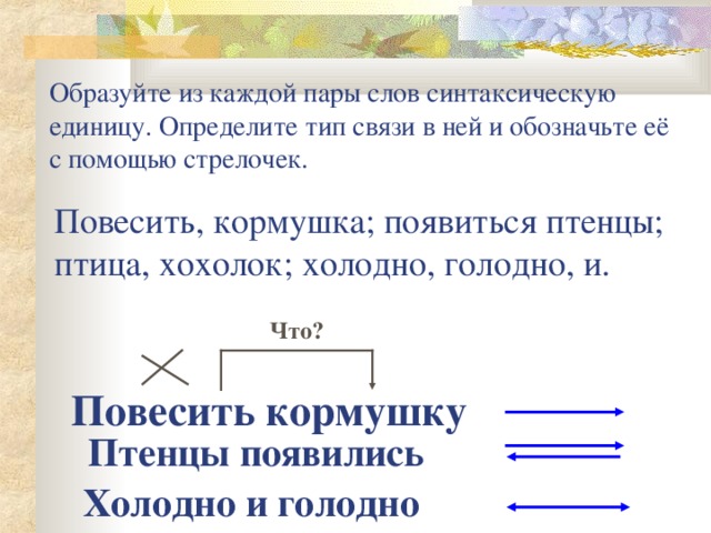 Образуйте из каждой пары слов синтаксическую единицу. Определите тип связи в ней и обозначьте её с помощью стрелочек. Повесить, кормушка; появиться птенцы; птица, хохолок; холодно, голодно, и. Что? Повесить кормушку Птенцы появились Холодно и голодно