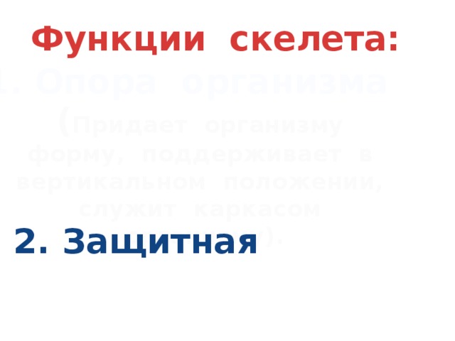 Функции скелета: 1. Опора организма ( Придает организму форму, поддерживает в вертикальном положении, служит каркасом организму). 2. Защитная ( Защищает внутренние органы от  повреждений).