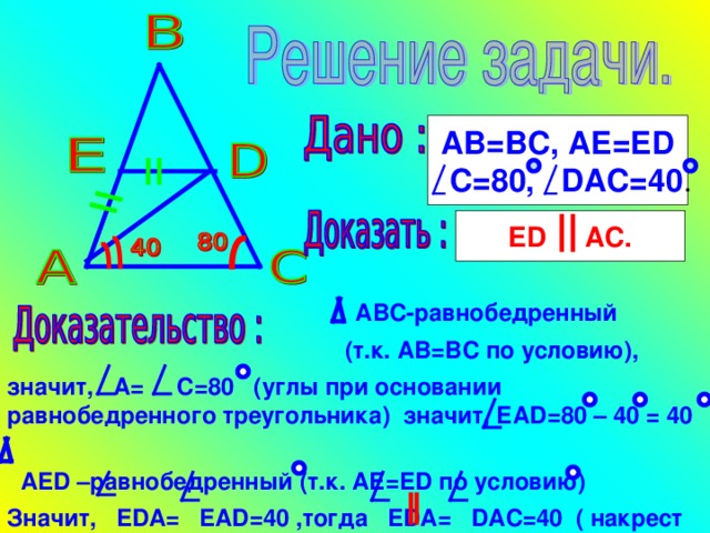 AB= В C, AE=ED  C=80, DAC=40 . ED AC.  ABC- равнобедренный  (т.к. АВ=ВС по условию), значит, А= С=80 (углы при основании равнобедренного треугольника) значит, ЕА D =80 – 40 = 40    AED – равнобедренный (т.к. АЕ= ED по условию) Значит, EDA= EAD=40 ,тогда EDA= D АС =40 ( накрест лежащие) . Следовательно , ED AC. ABC- равнобедренный (т.к. АВ=ВС по условию), Значит, А= С=80 (углы при основании равнобедренного треугольника) Значит, ЕА D =80 – 40=40 .  AED – равнобедренный (т.к. АЕ= ED по условию) Значит, EDA= EAD=40 ,тогда  EDA= D АС =40 ( накрест лежащие) Следовательно , ED AC. 32