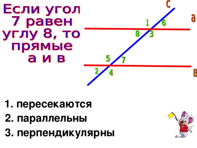 .  1. пересекаются  2. параллельны  3. перпендикулярны